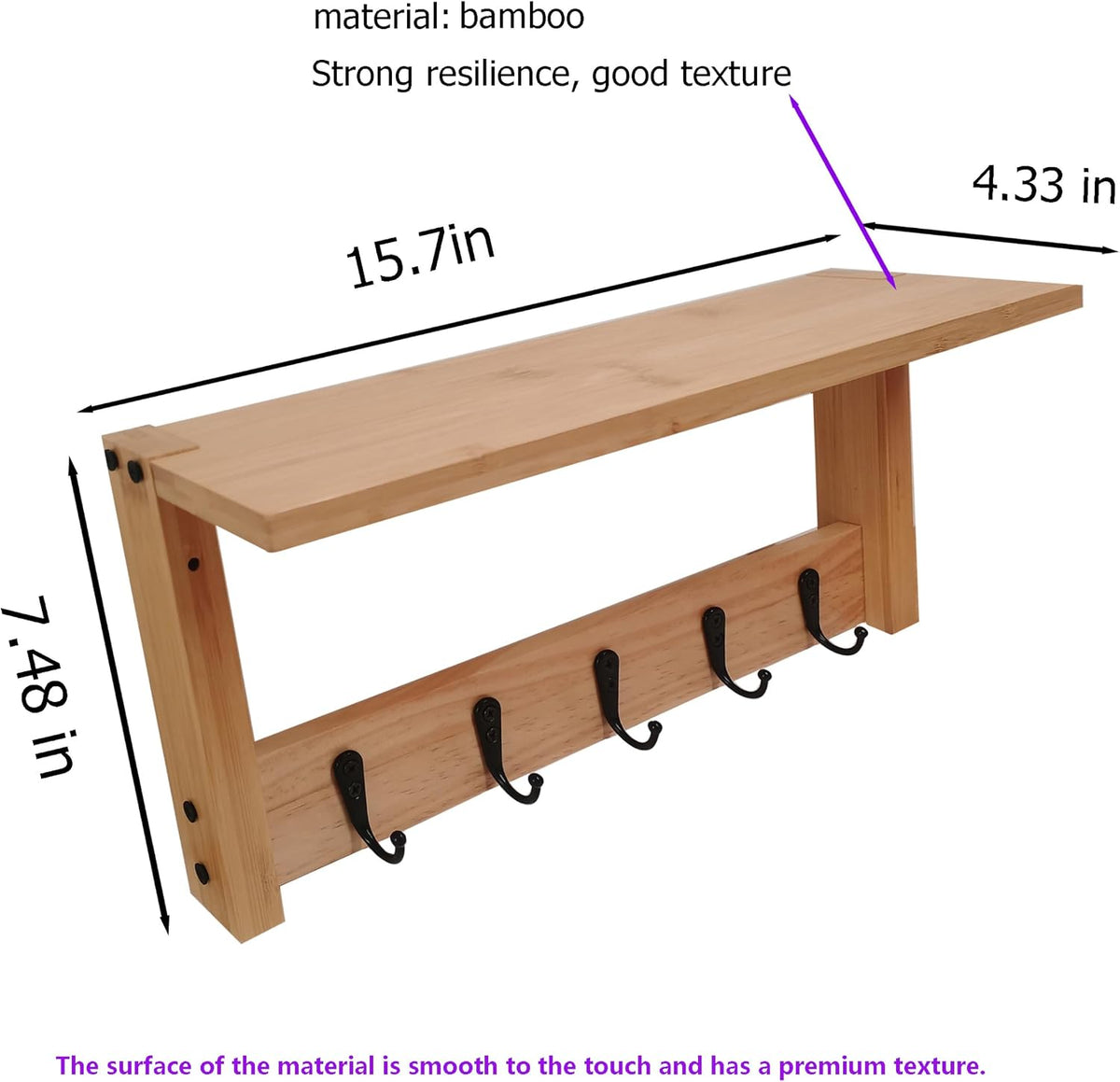 Wall Shelf with Hooks, Multi-Purpose Wooden Shelf & Metal Hooks for Home Entryway, Living Room,Office - Heavy Duty Coat Rack Organizer Hanging Coats, Bags, Key Holder