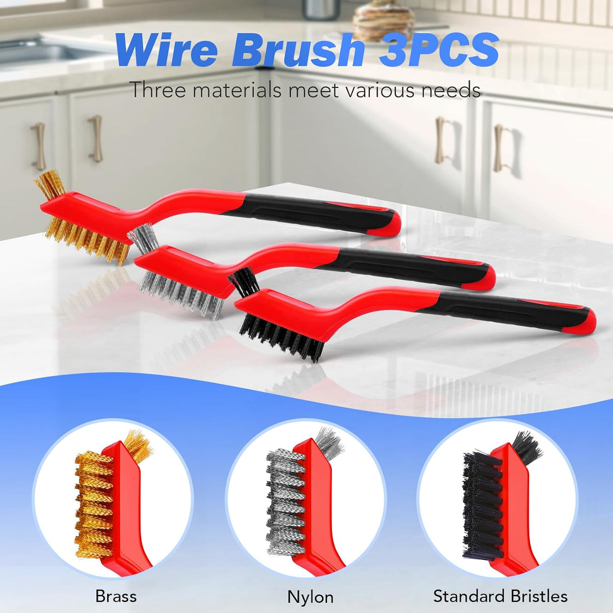 Wire Brush Set, 3 Pcs Stainless Steel/Brass/Nylon Wire Brushes