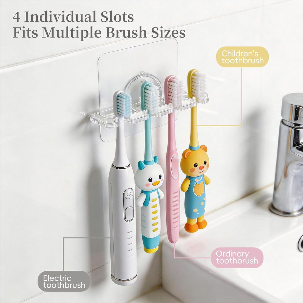 Adhesive Toothbrush Holders 2 Pack,4 Slots for Family, Clear