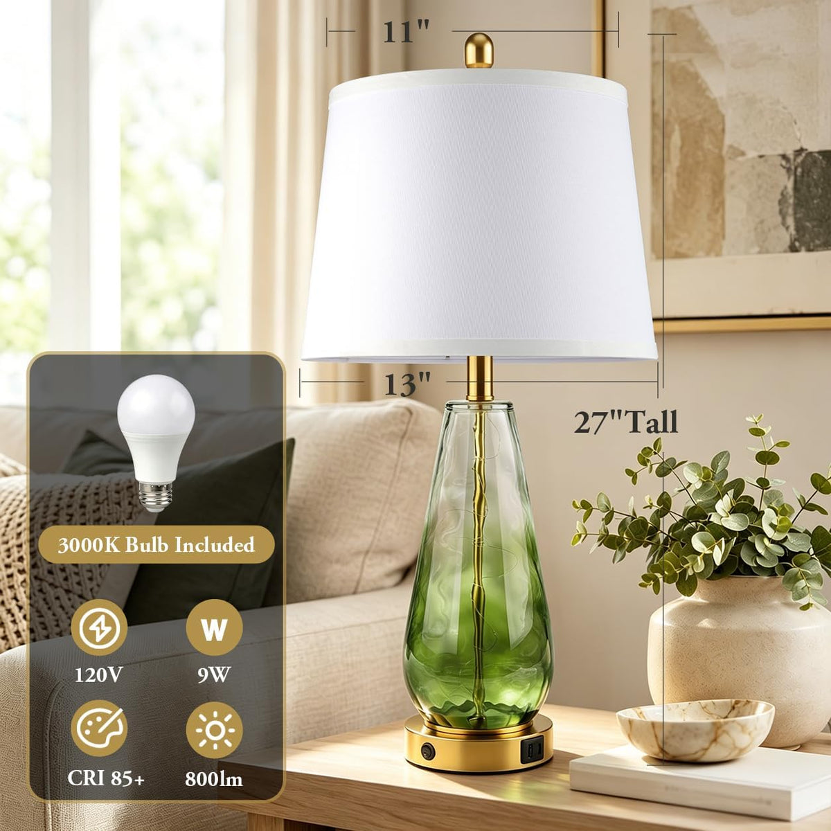Table Lamp for Living Room, 27'' Green Glass Coastal Modern Lamp