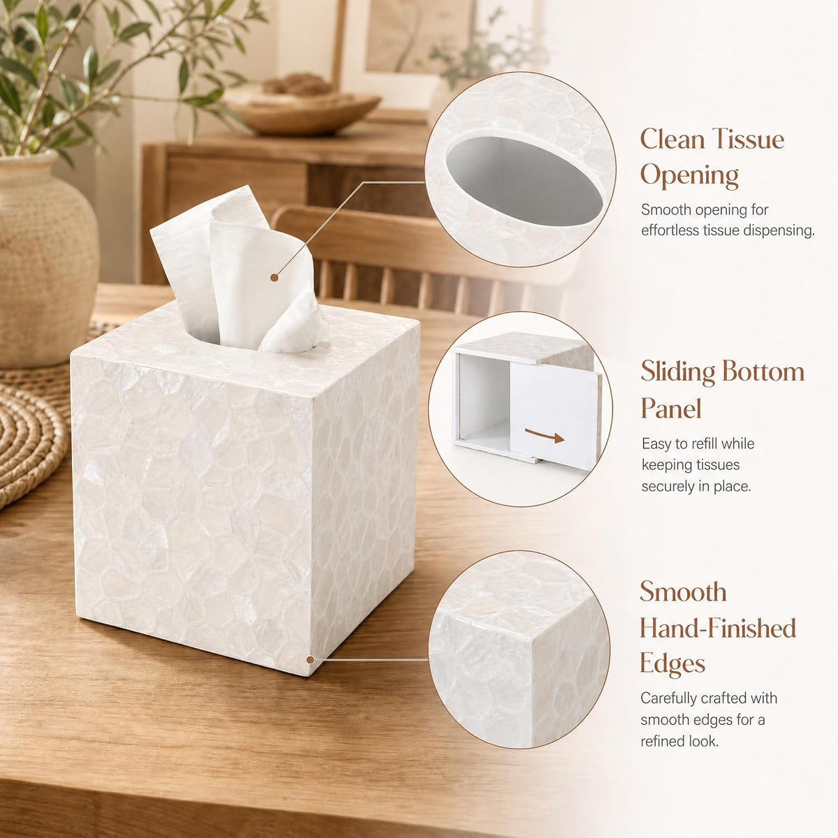 YANGQIHOME Capiz Shells Tissue Box Cover, Handmade Decorative Tissue Box Holder with Mother of Pearl, Square Facial Tissue Holder for Bathroom, Living Room, Kitchen, 5.5" x 5.5" x 5.9" (White)