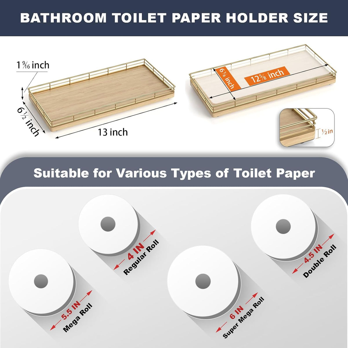 Oak Bathroom Toilet Tank Tray, 13" Wood Back of Toilet Paper Storage Tank Topper Basket, Vanity Tray for Perfume Makeup Candle Toiletry Organizer for Kitchen Coffee Table Natural Tray Decor