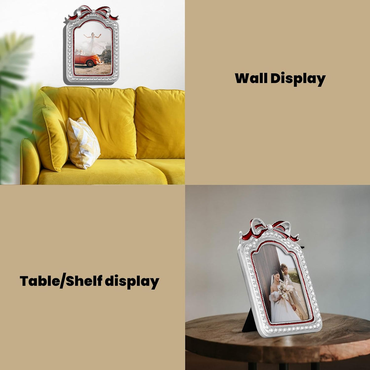 GUOER Vintage 5x7 Picture Frame with Bow Antique Ornate Table Top and Wall Mounting Photo Frame with High Definition Glass Front for Home Decor, Photo Gallery, Art(5x7, Silvery & Red)