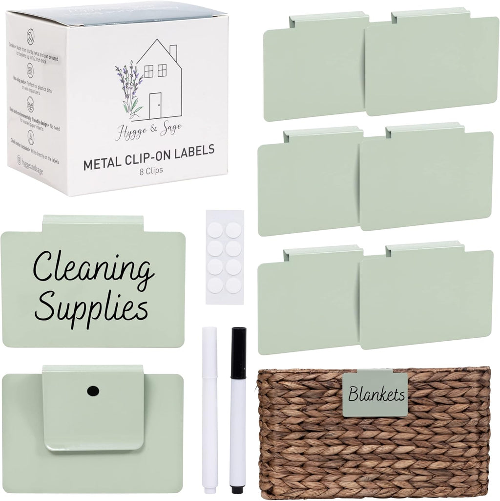 Hygge & Sage: Metal Non-Slip Basket Labels Clip On for Storage Bins, or Wire Racks | Includes 8 Labels, 8 Non-Slip Pads, and 2 Free Markers (Sage Green)