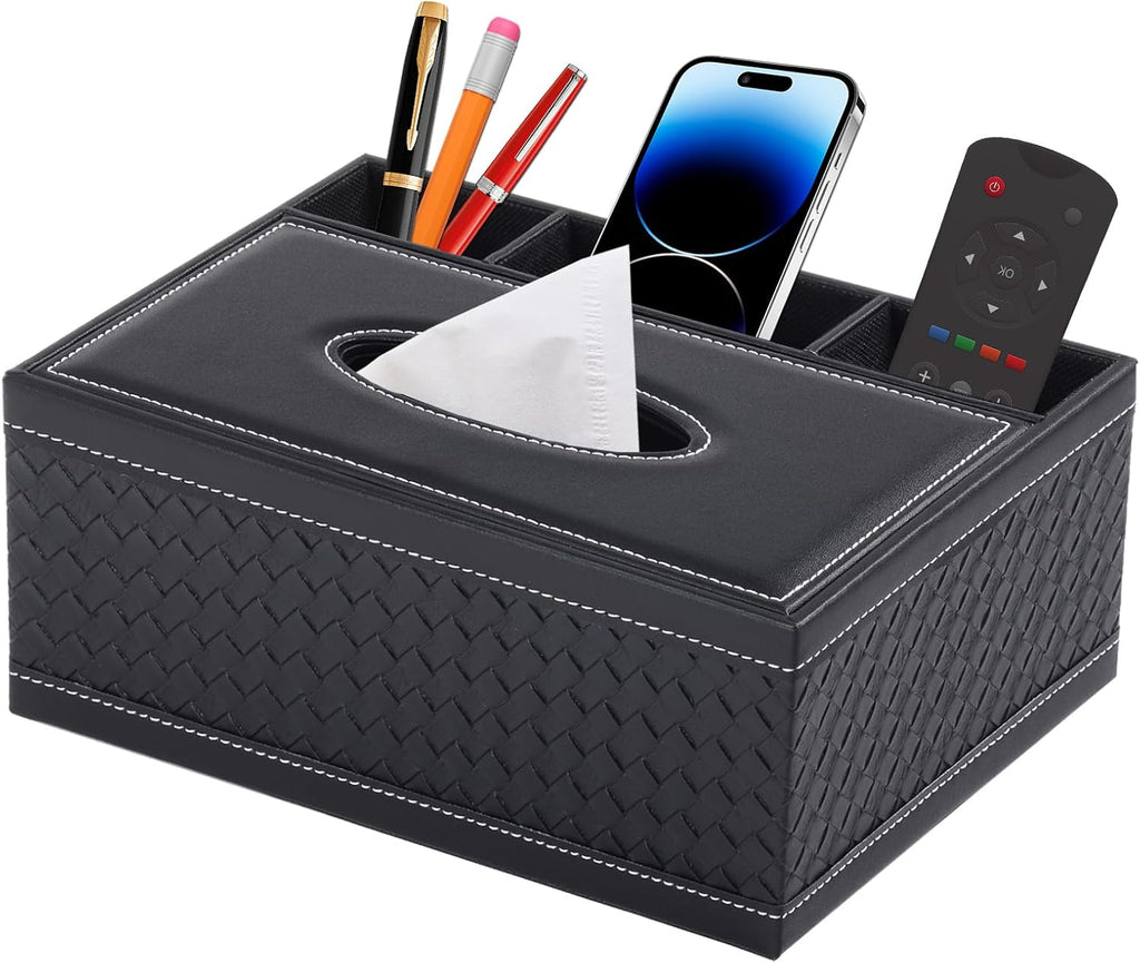 Tissue Box Cover Rectangle Black Tissue Box Holder PU Leather Facial Tissue Organizer,Multifunctional Remote Control Stationery Storage Box,Home Office Supplies Car Napkin Caddy