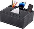 Tissue Box Cover Rectangle Black Tissue Box Holder PU Leather Facial Tissue Organizer,Multifunctional Remote Control Stationery Storage Box,Home Office Supplies Car Napkin Caddy