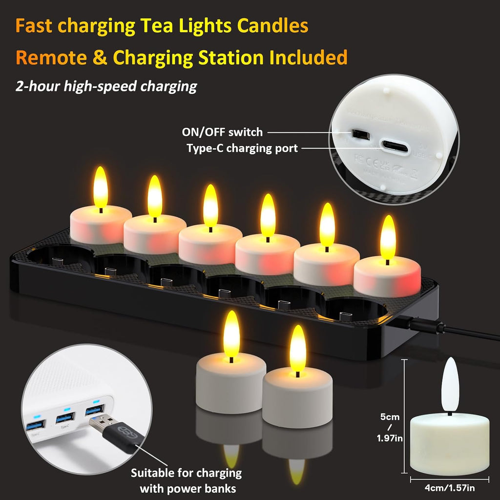 HL Rechargeable LED Tea Lights with USB Charging Base & Remote Timer