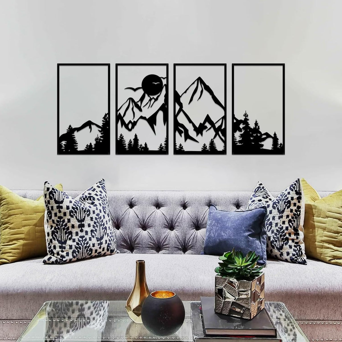 ESTART 4 Pcs Mountain Range Metal Wall Art Decor Summit Metal Wall Sign Rustic Forest Home Decor Sign Mountain Scene Wall Decor Art Hanging for Living Room Bedroom Bathroom Office, 45.3 x 17 Inch