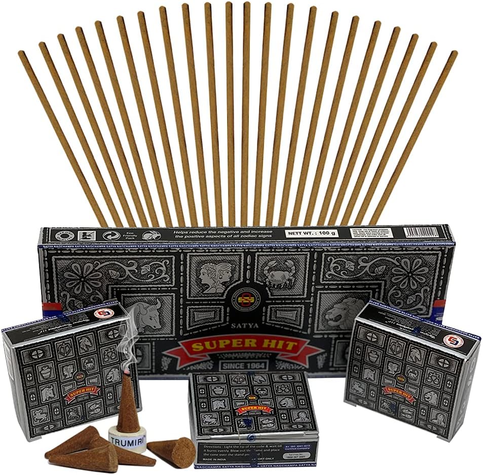 Super Hit Incense Sticks and Cones Variety Pack with Burner Holder Bundle from Satya Incense 100g Trumiri for Smudging and Aroma