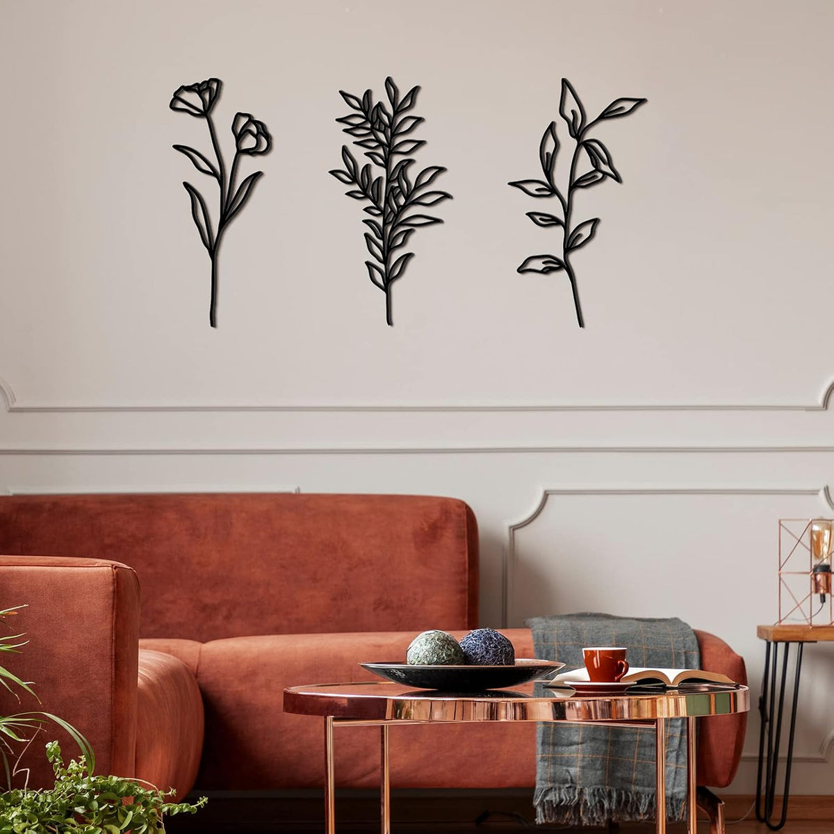 Moxweyeni 6 Pieces Metal Wall Art Minimalist Line Decor Flower Black