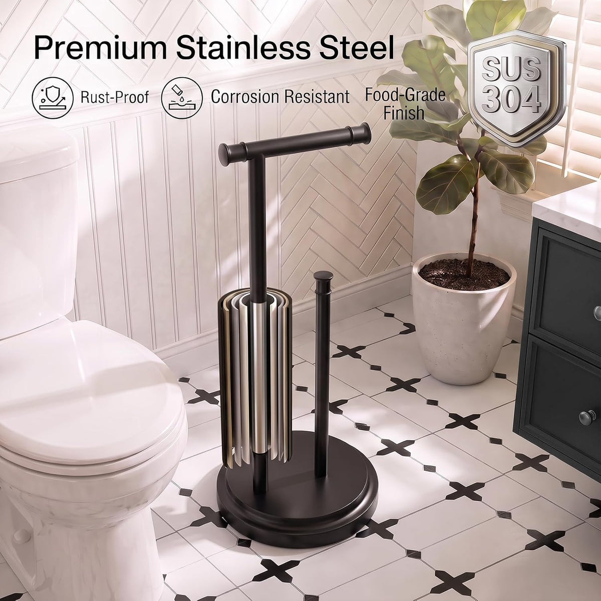Hoimpro Toilet Paper Holder Stand Bathroom Free Standing Matte Black