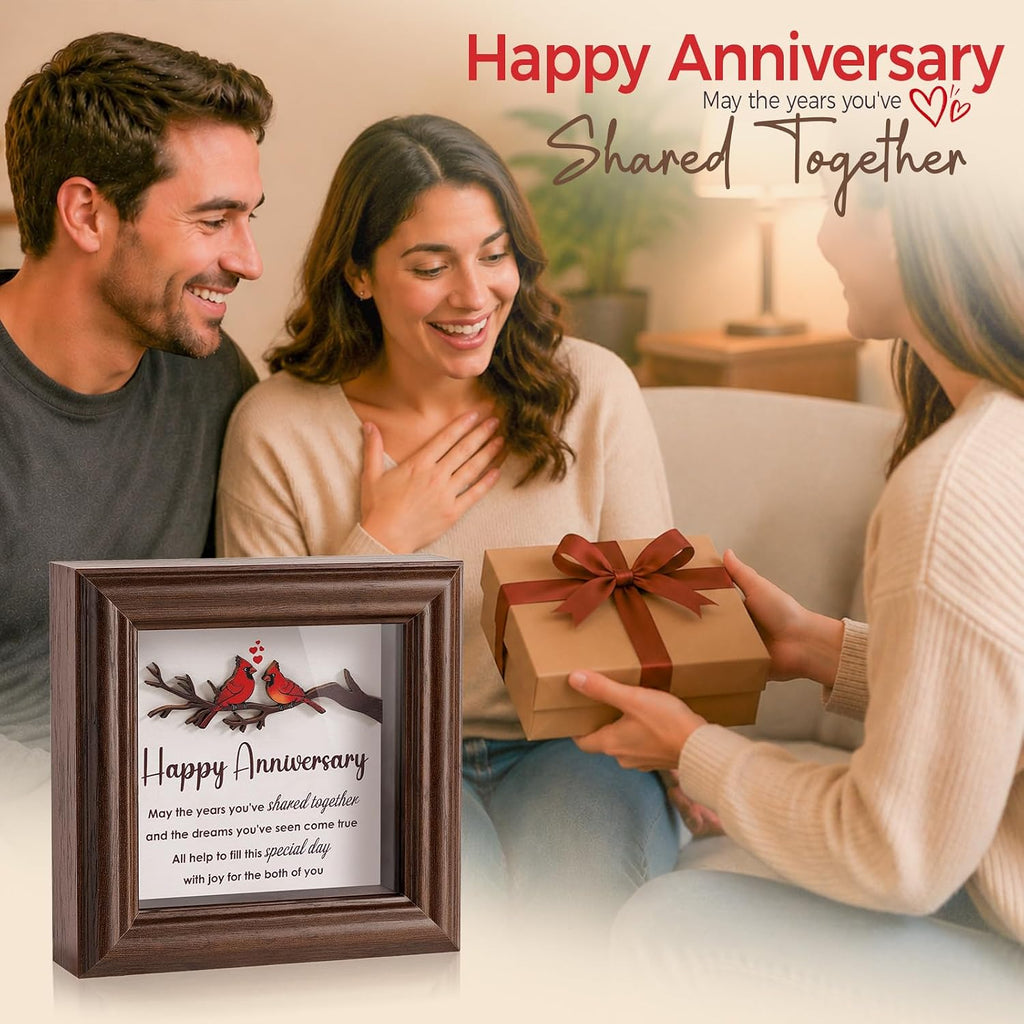 LukieJac Anniversary Cardinal Gifts for Couple - Romantic Anniversario Gift Ideas Wooden Shadow Box Frame for Friends, Sister, Parents, Couples, Grandparents Anniversary Keepsake
