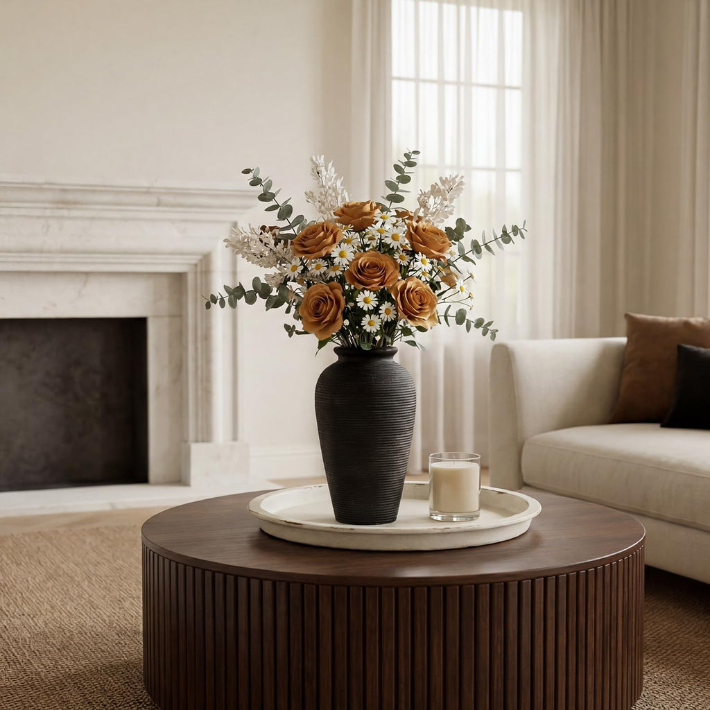 11.02 Inch Tall Vintage White Ceramic Flower Vase, Rustic Farmhouse Beige Stone Texture Vase for Home Decor, Decorative Terracotta Vase for Table Centerpiece Living Room Bathroom (Black-11.02'')