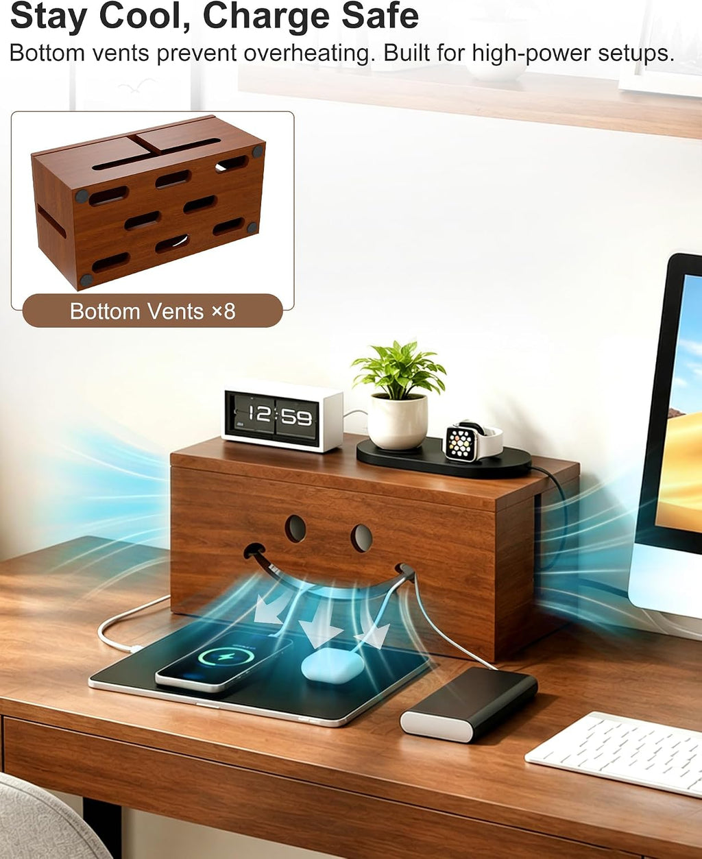 Solid Wood Cable Management Box, Cute Smile Cord Hider Box for Desk