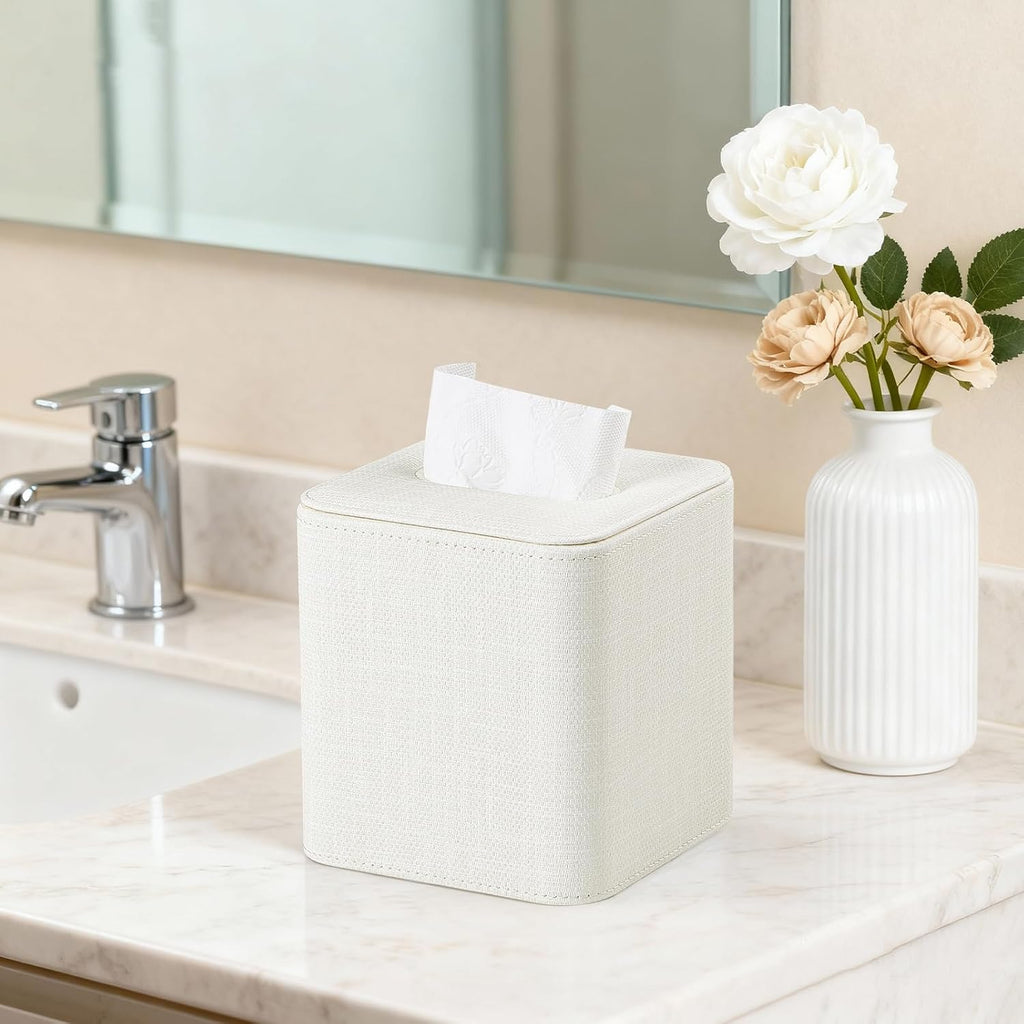 Square Tissue Box Cover PU Leather Tissue Box Holder Cube (Cream)