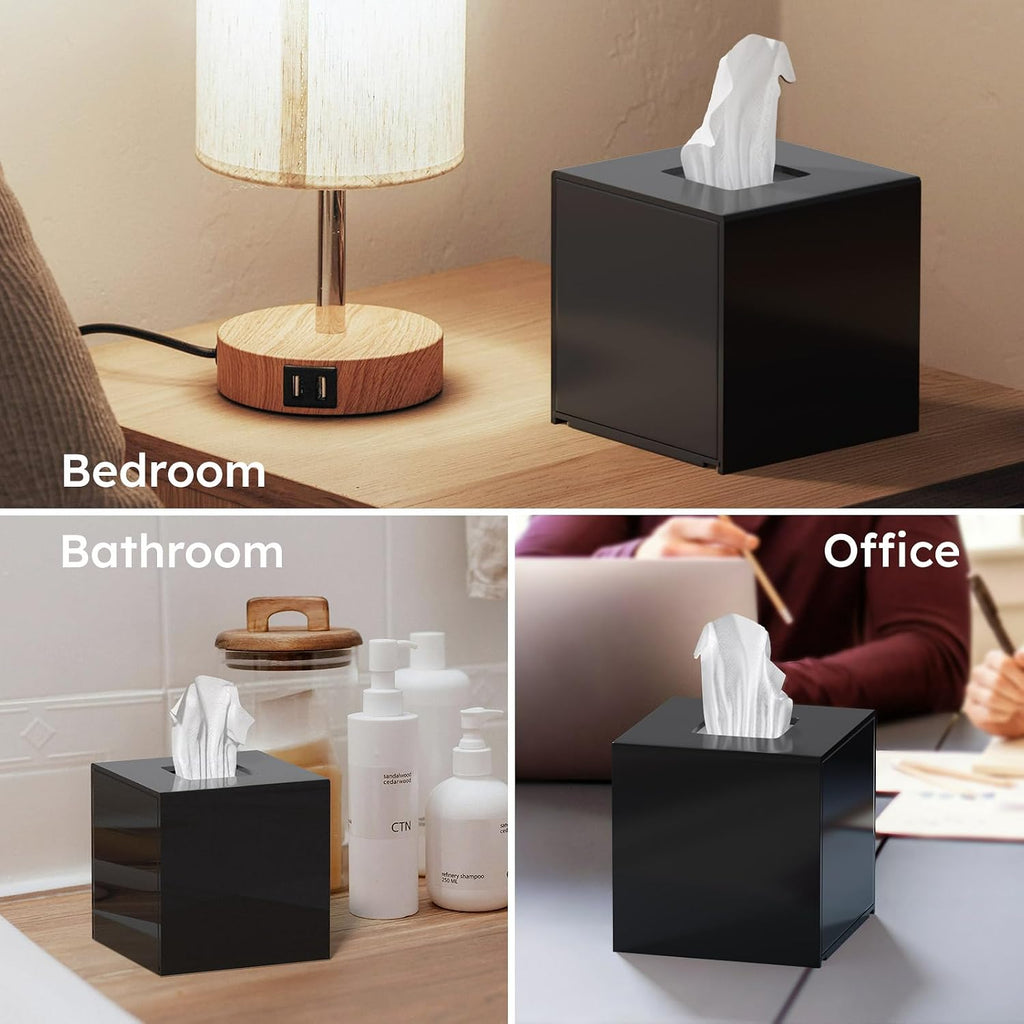 FEMELI Acrylic Square Tissue Boxs Covers Matte Black for Bathroom