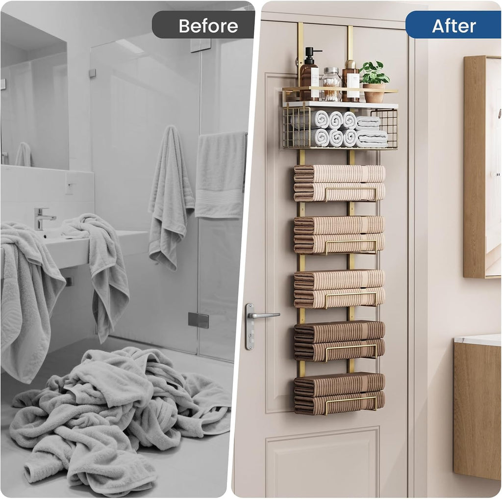 Aetyord Towel Racks for Bathroom Over The Door Towel Racks Towel Storage Organizer with Metal Shelf Basket for Bathroom Rv Camper (7-Tier Gold)