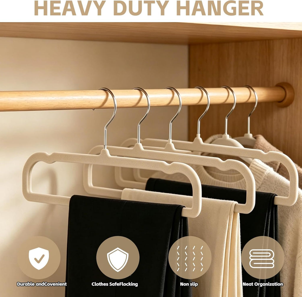 50 Pack Velvet Pants Hangers Non Slip, Velvet Hangers Space Saving for Closet, Strong Durable Clothes Hanger with 360° Swivel Hook, Ultra Soft Flocked Hanger for Pants Jeans Shirts Bra Shorts (Cream)