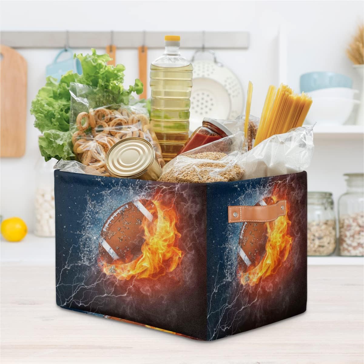 Large Storage Baskets for Organizing Shelves Sport Ball American Football Foldable Cube Storage Bins with Handles Rectangle Fabric Closet Organizers for Home Toys Clothes, 1 Pack