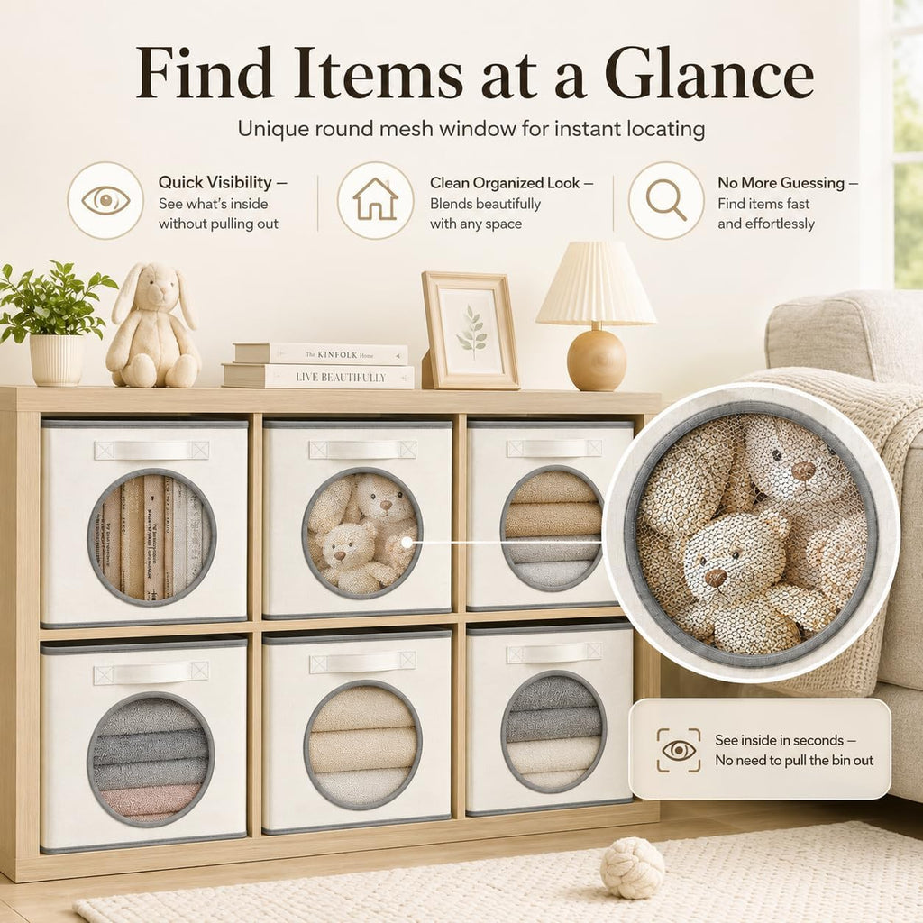 Fabric Storage Cubes with Mesh Window, 11'' Cube Storage Bin, Ivory, 4 Pack