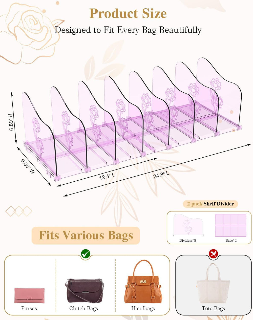 SURETIVIAN Rose Purse Dividers for Closet, 2 Pack Clear Clutch Purse Closet Organizers, Adjustable Handbag Storage Organizers, Plastic Bookshelf Separator Dividers for Bedroom Office