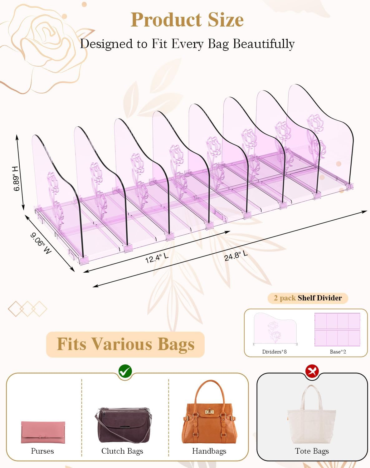 SURETIVIAN Rose Purse Dividers for Closet, 2 Pack Clear Clutch Purse Closet Organizers, Adjustable Handbag Storage Organizers, Plastic Bookshelf Separator Dividers for Bedroom Office
