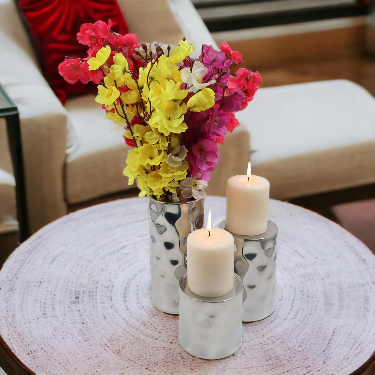 Hosley Silver Color Pillar LED Candle Holders/Vases Set of 3. Also usable as Vase. Ideal Gift for Wedding Party Home SPA Aromatherapy Reiki Candle Garden O3