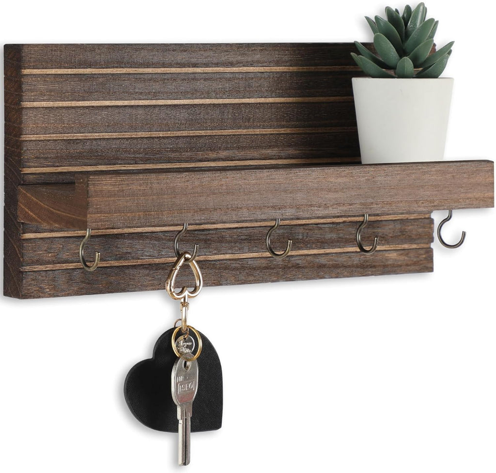 Lwenki Decorative Key Holder for Wall with Shelf, Entryway Shelf with Hooks Holds Leashes, Jackets and Glasses – Sturdy Wood Keyholder Entrance Hanger with Mounting Hardware (Brown, Medium)