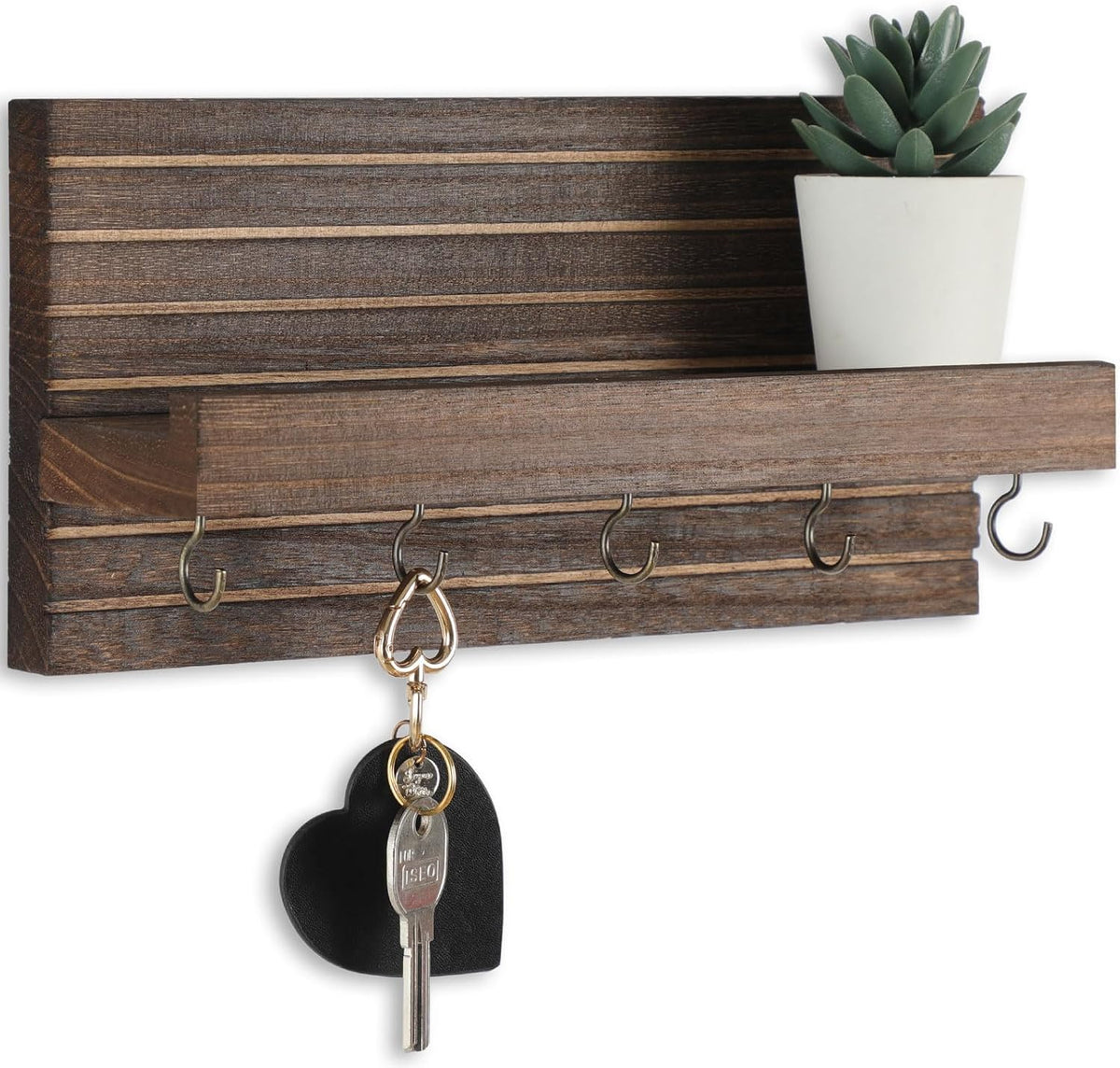 Lwenki Decorative Key Holder for Wall with Shelf, Entryway Shelf with Hooks Holds Leashes, Jackets and Glasses – Sturdy Wood Keyholder Entrance Hanger with Mounting Hardware (Brown, Medium)