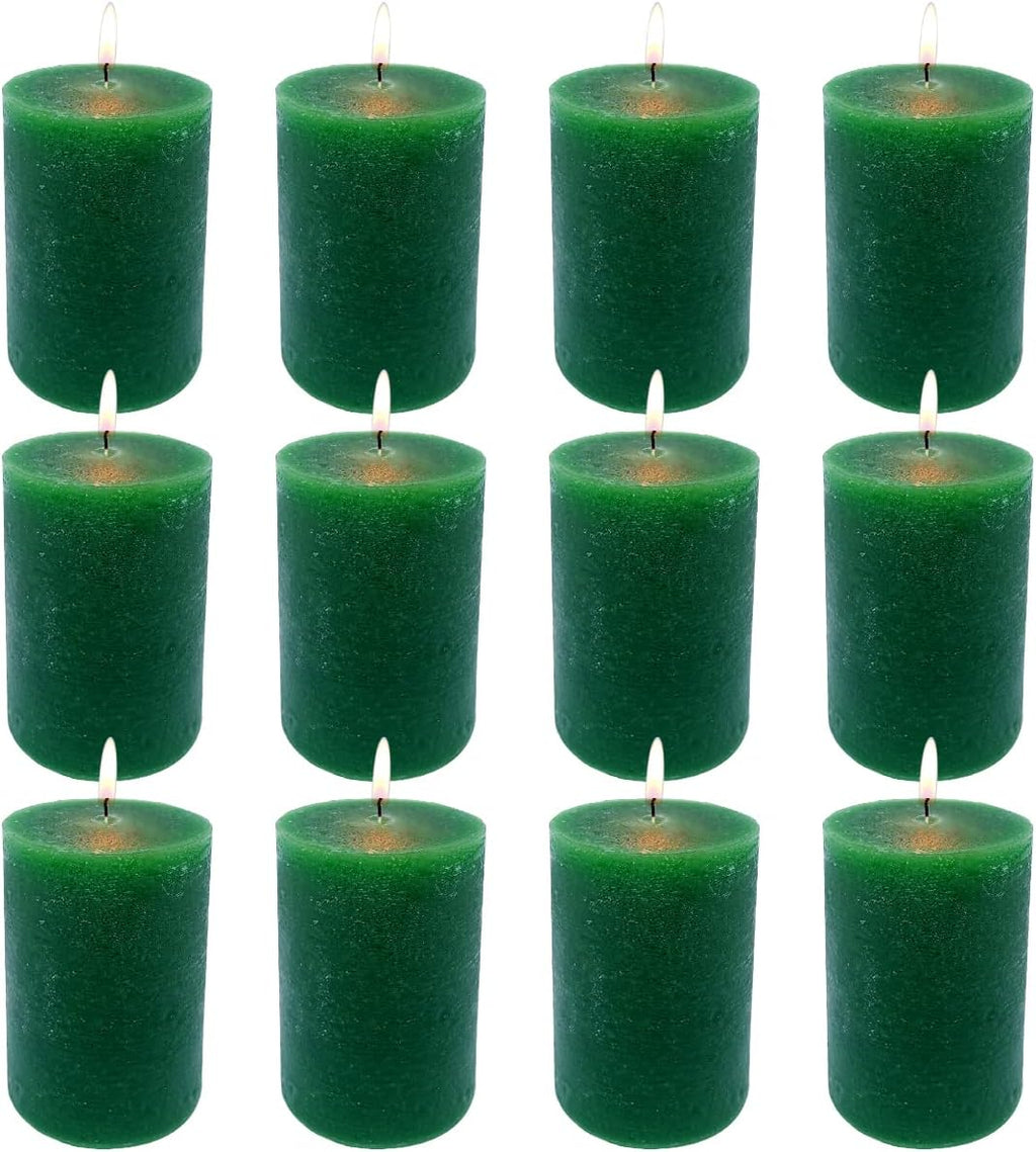 MISSYO 12 Pack 2x3 Inch Green Rustic Pillar Candles, 24 Hours Unscented Column Candles, Dripless and Smokeless Candles for Christmas Home Decor, Wedding, Spell, Parties and Emergency