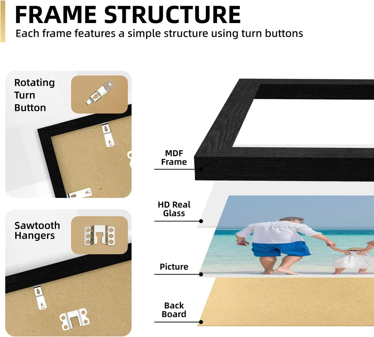 iRahmen Collage Picture Frames Set of 10,HD Real Glass,Rustic Wood,Black