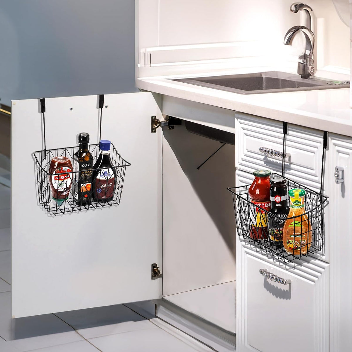 AVLA 2 Pack Over The Cabinet Door Organizer, Grid Storage Baskets with Hooks, Metal Wall Hanging Basket Holder Rack, Wire Kitchen Sink Organization Bin for Bathroom Shampoo, Body Wash