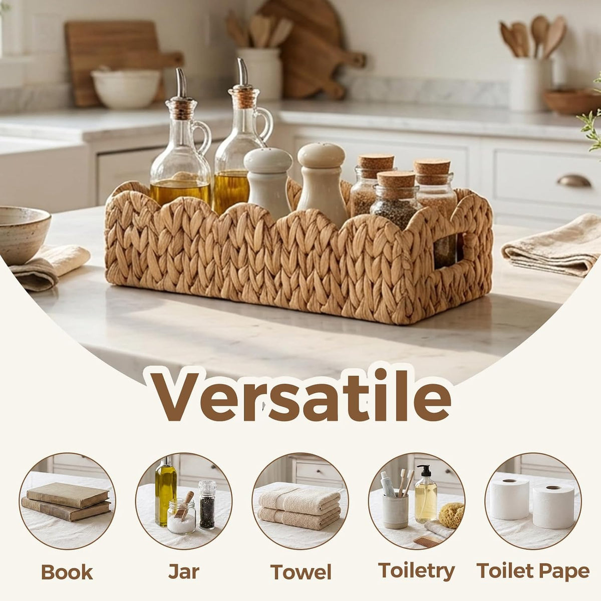 2 Pack Scalloped Water Hyacinth Toilet Tank Basket for Bathroom Decor