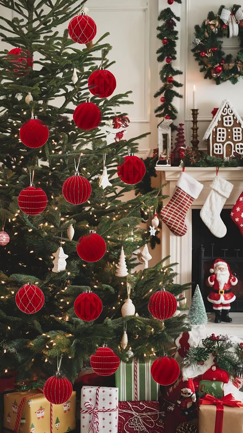 Hollyone Red Velvet Christmas Ornaments Set for Christmas Tree 3.2inch Xmas Ball Ornaments 9Pcs Flocked Balls Xmas Tree Hanging Ornament Decoration Set Shatterproof for Holiday Party Wreath Home Decor