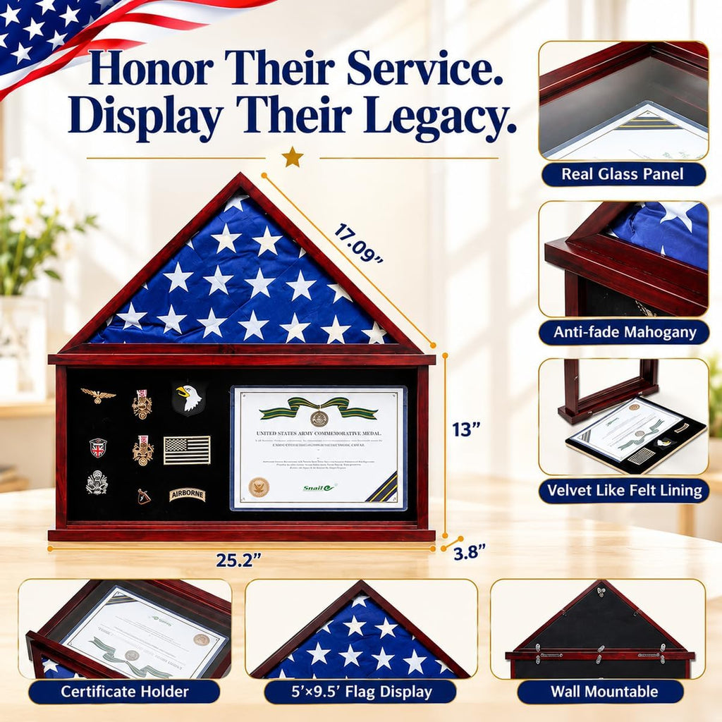 Snail Flag Display Case Large Military Shadow Box for a Folded 5'x9.5' Flag