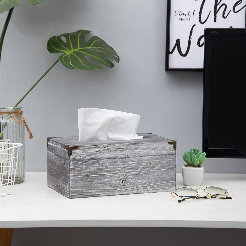 Distressed Wooden Rustic Tissue Box Holder Tissue Box Cover Napkin Dispenser for Bathroom Living Room Dining Room Bedroom Toilet (Grey White)