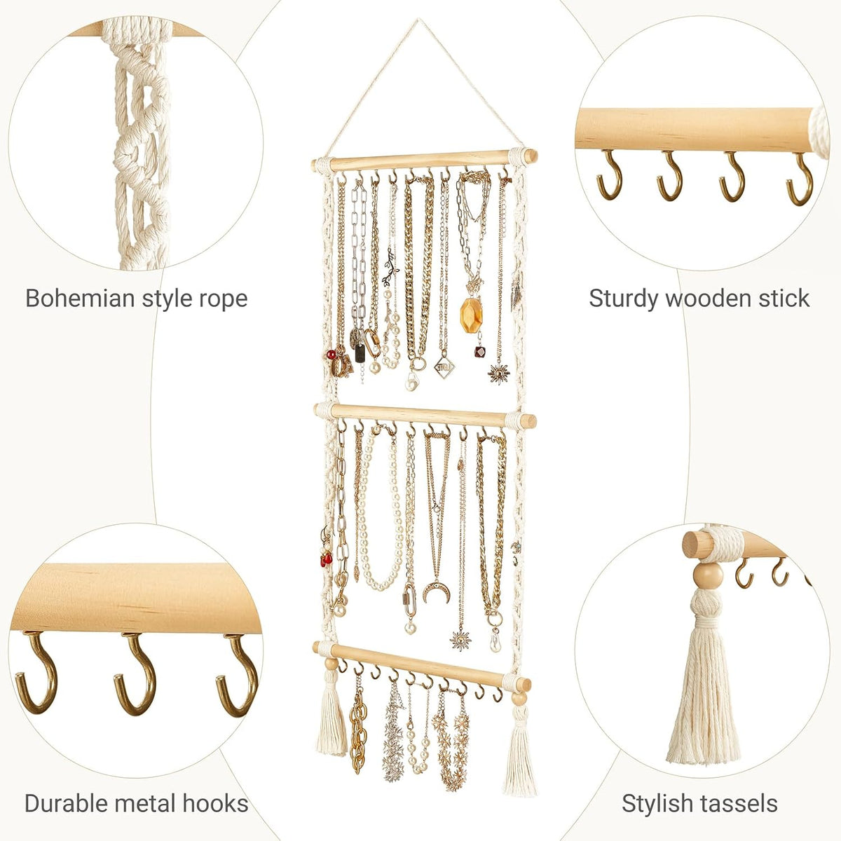 Dahey Hanging Necklace Holder Organizer Macrame Jewelry Hanger for Wall