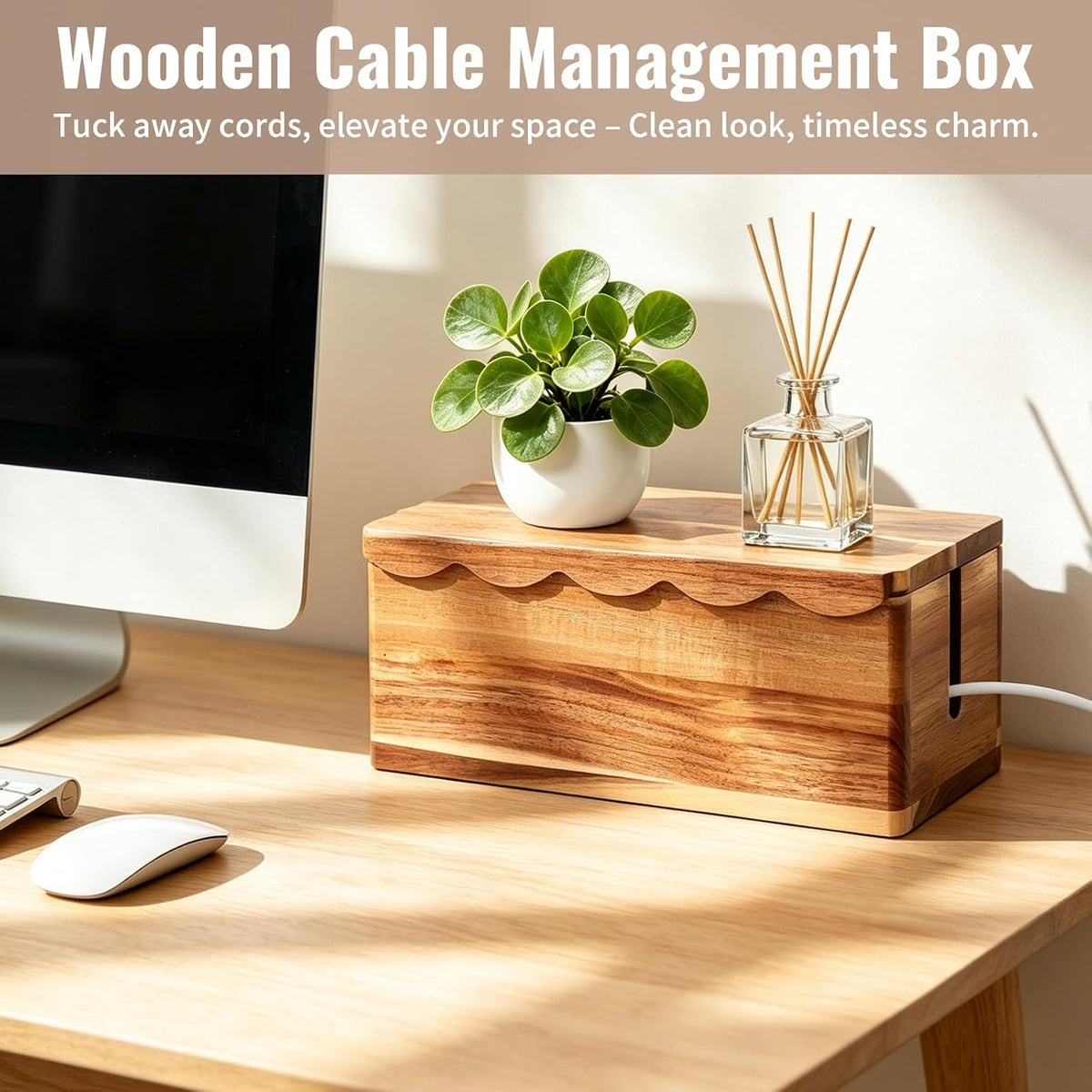 Large Cable Management Box Scalloped Edge, Acacia Wood Cable Organizer Box & Power Strip Box for Electrical Cord Management, Hide Desk Cord and Floor Cables, Wire Storage and Organization for Cords