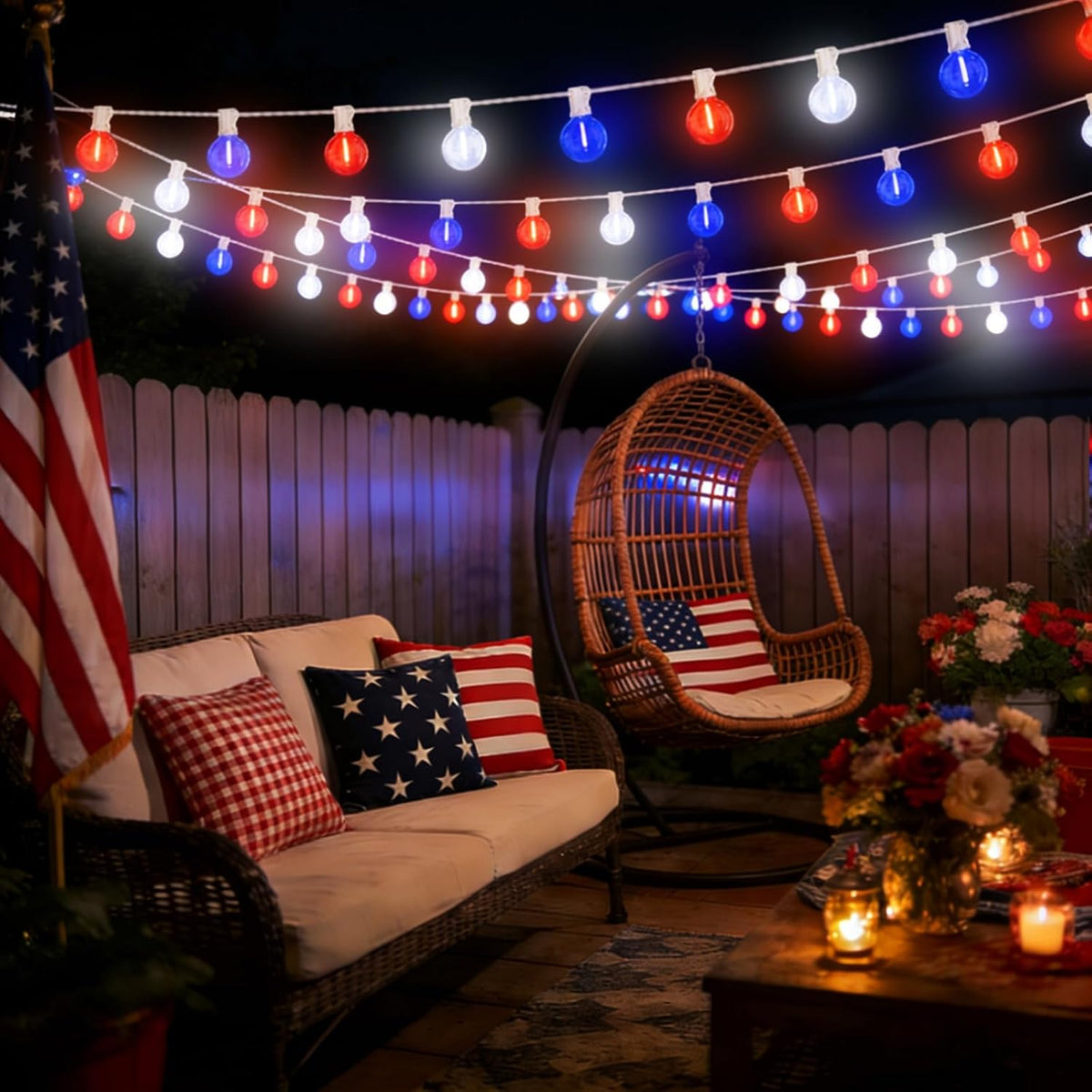 26FT 12 LED G40 Bulb Outdoor String Lights with White Wire, Multi Dynamic Lighting Modes, Decorative for National Day Holiday Garden Decor