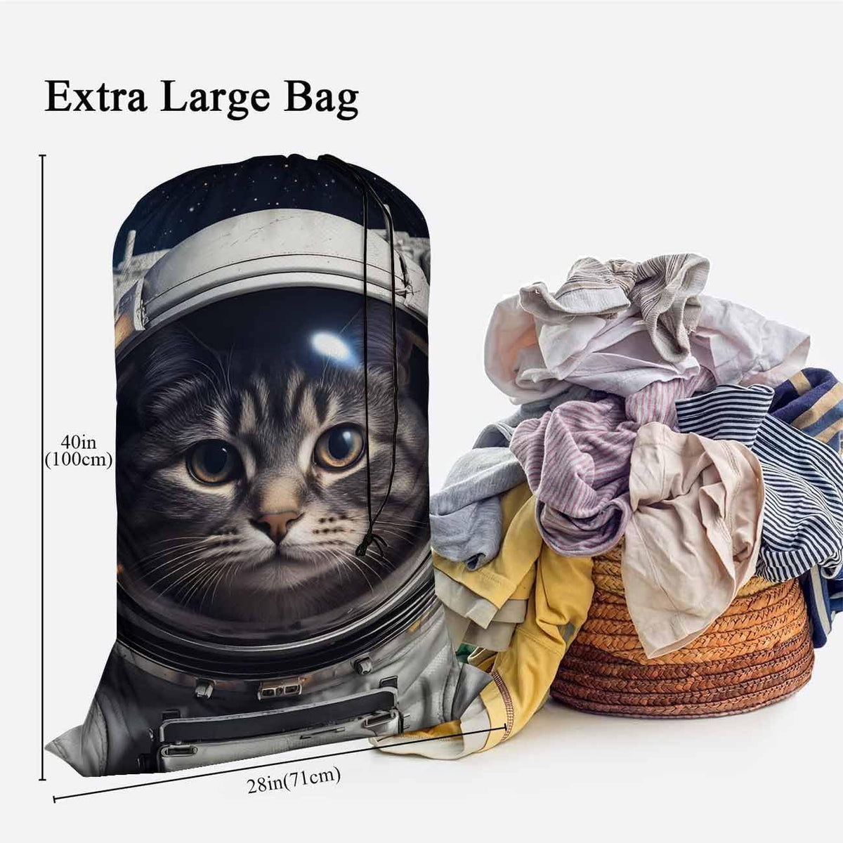 Swono Cat In Outer Space Extra Heavy Duty Laundry Bag, Cute Cartoon Kitten Astronomy Cosmos Dirty Clothes Drawstring Bag with Tear Resistant Fabric, Laundry Liner for Hamper, Space Adventure