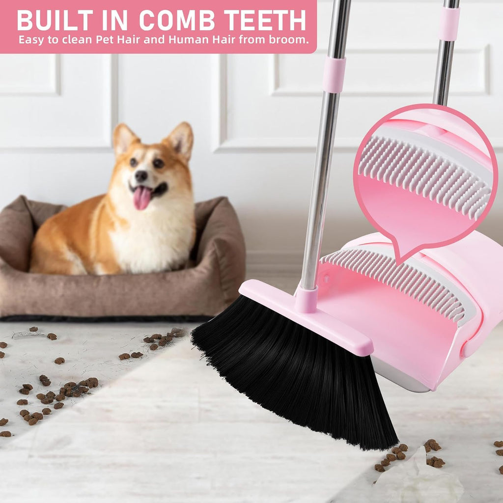 Broom with Dustpan Combo Set for Home, 52-in Long Adjustable Handle Angle Broom and Dustpan Set with Dustpan Comb Teeth for Sweeping Pet Hair Food Dirt Kitchen
