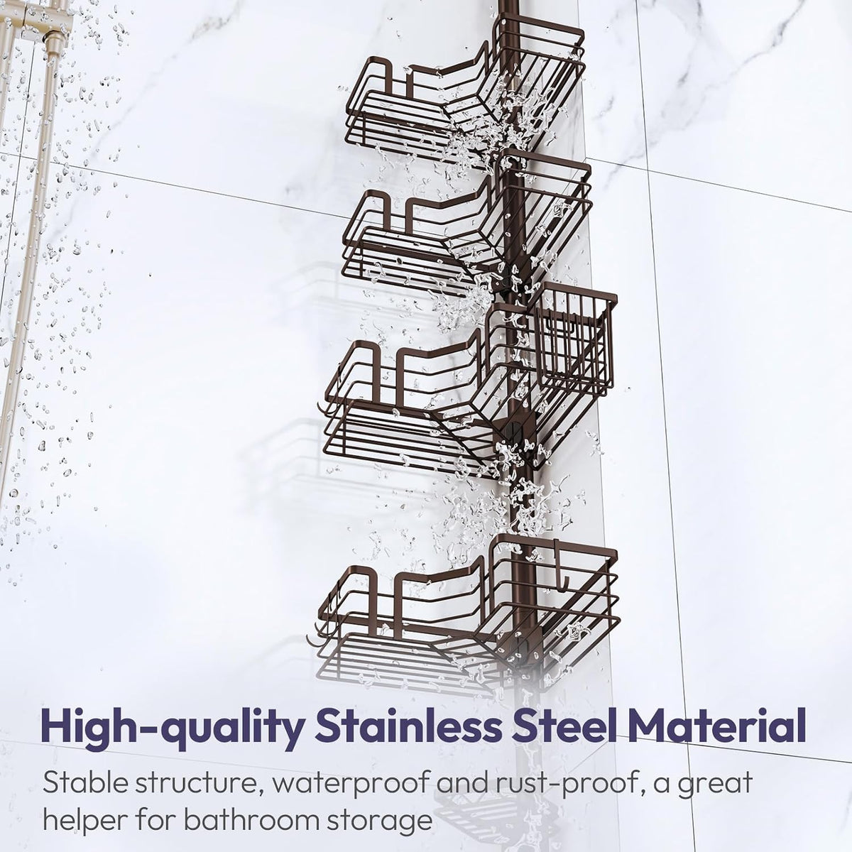 SWTYMIKI Shower Caddy Tension Pole - 4-Tier Corner Shower Organizer Tension Rod with Soap Holder, Toothbrush Holder & 4 Hooks, Adjustable Stainless Steel Bathroom Organizer 27.6 to 108.3 inch, Bronze