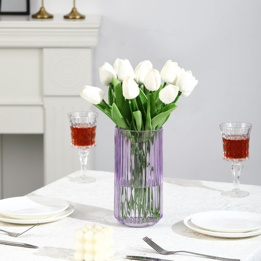 Ribbed Glass Vase,Flower Vase for Bouquet, Purple Glass Vases for Flowers, Modern Vases for Living Room, Bathroom, Dining Table, Office, Wedding, Centerpieces, 8 Inches