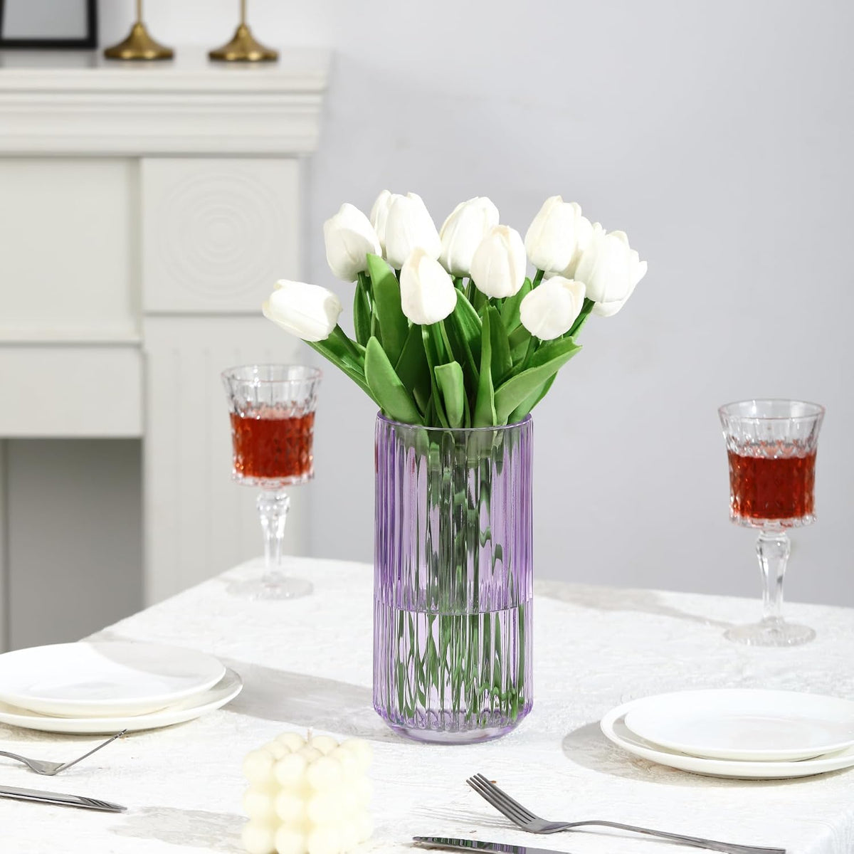 Ribbed Glass Vase,Flower Vase for Bouquet, Purple Glass Vases for Flowers, Modern Vases for Living Room, Bathroom, Dining Table, Office, Wedding, Centerpieces, 8 Inches