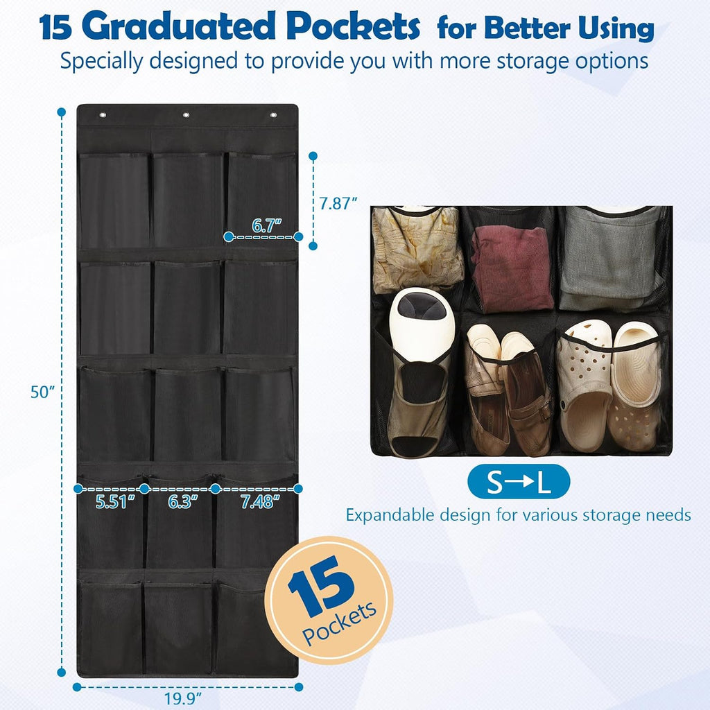 Over The Door Cruise Ship Organizer with 15 Size-Graded Pockets Black