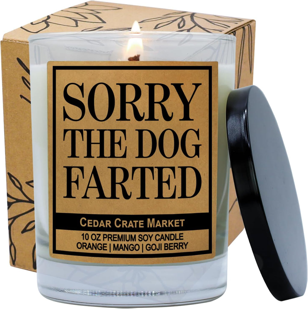 Cedar Crate Market Funny Dog Candle - “Sorry The Dog Farted” Soy Candle | Pet Odor Eliminator Gift | Orange Mango Goji Berry Scented| Hand-Poured USA Made, Pet Owner Gift, Housewarming, Gag