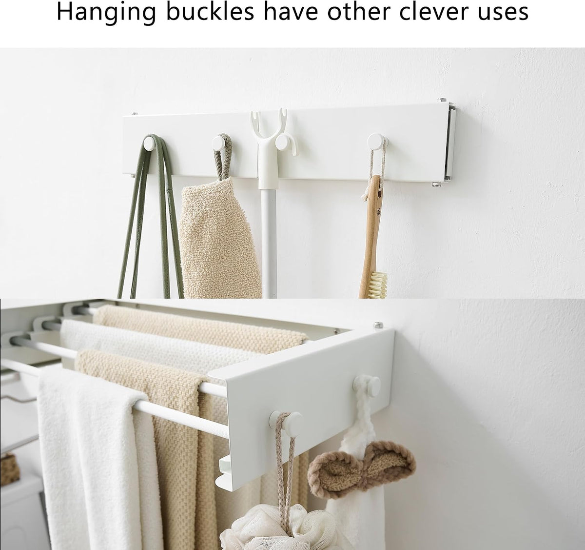 RFOUO Wall Mounted Clothes Drying Rack,White 19.7" with Hooks