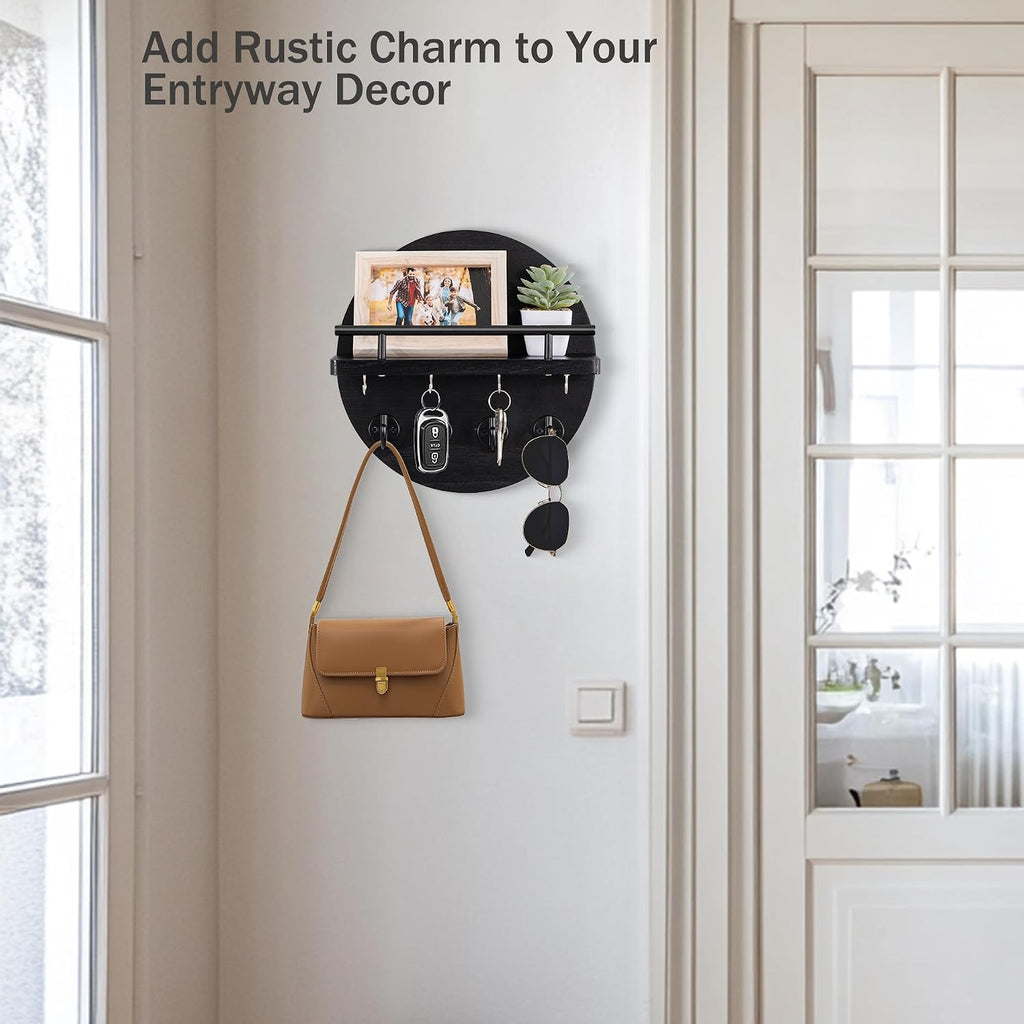 10.2" Key Holder Wall Mount with Shelf & Mail Organizer, 8 Hooks Black