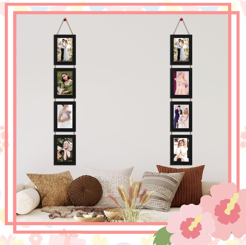 4x6 Black Hanging Collage Picture Frames Set of 2, 8 Openings Collage Photo Frames Rustic Wooden Real Glass Vertical Hanging