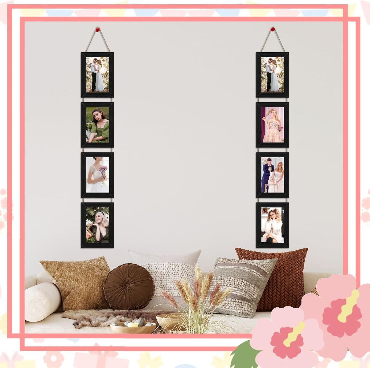 4x6 Black Hanging Collage Picture Frames Set of 2, 8 Openings Collage Photo Frames Rustic Wooden Real Glass Vertical Hanging